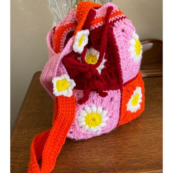 Knit Floral Backpack Handbag Handmade Crochet Boho Festival Colorful Bag &Wallet